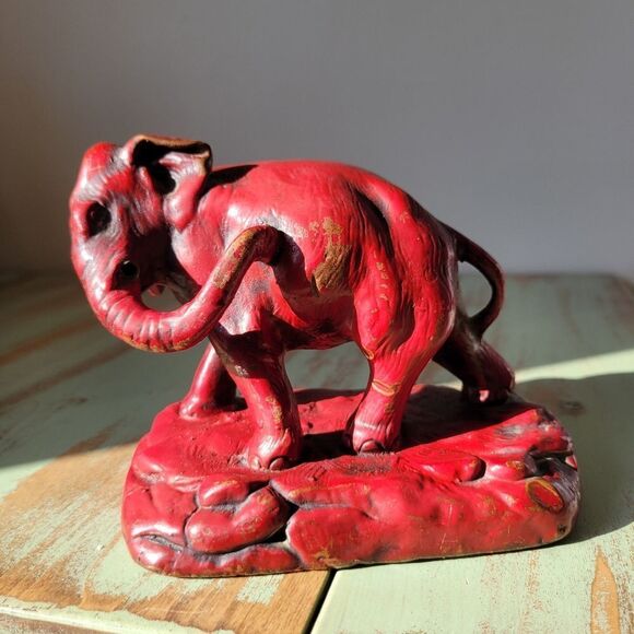 Vintage Red Painted Solid Cast Iron Exquisite Asian Elephant Figurine Sculpture - Picture 1 of 15